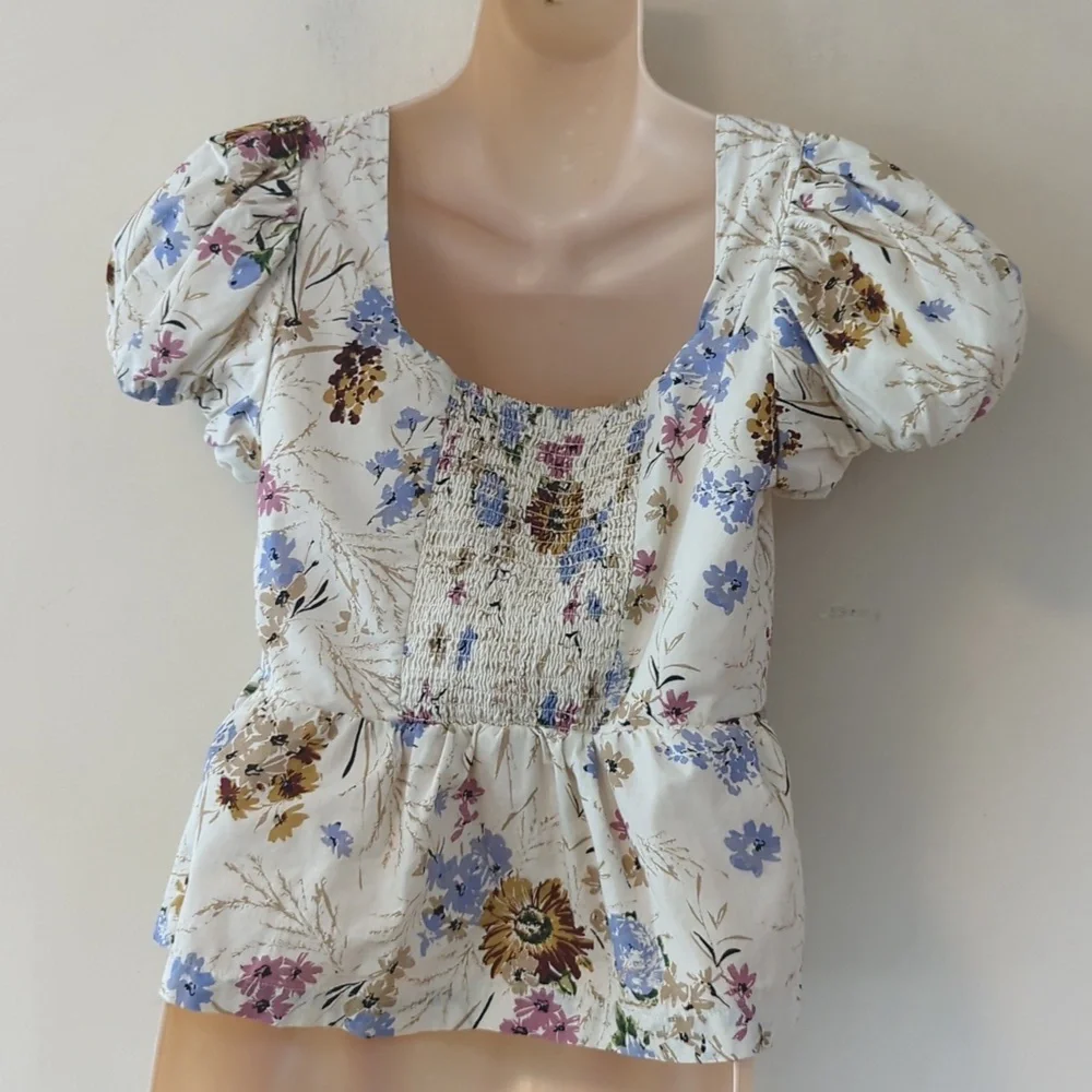 Anthropologie Puff-Sleeve Floral Peplum Top XS